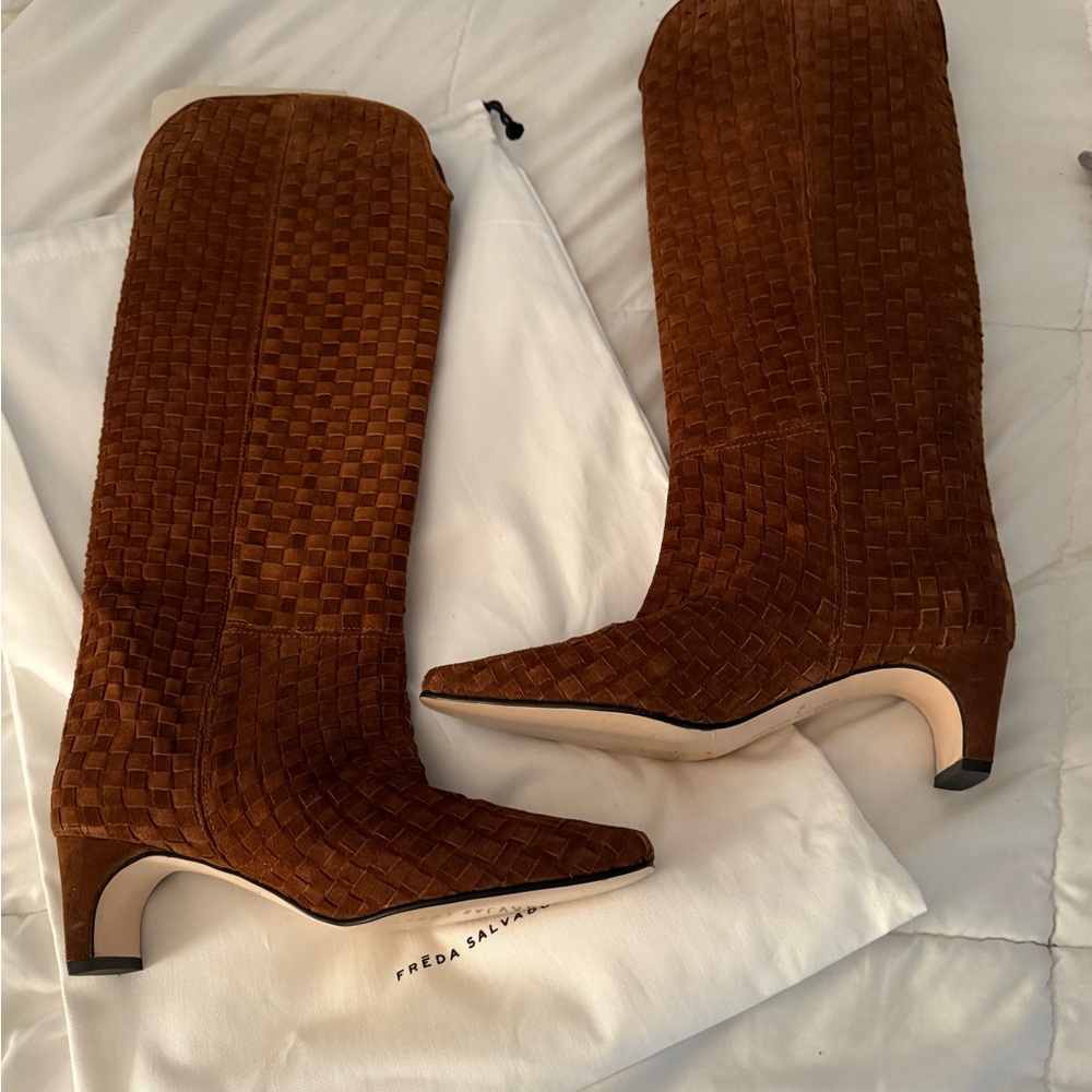Freda Salvador Elegant Brown Woven Heeled Boots